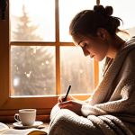 **Understanding Emotions**: Create an image of a person sitting in a peaceful environment, journaling their thoughts and feelings. Surround them with soft, warm light to symbolize vulnerability and self-acceptance. Include elements like a cozy blanket and a steaming cup of tea to enhance the atmosphere of reflection and comfort.