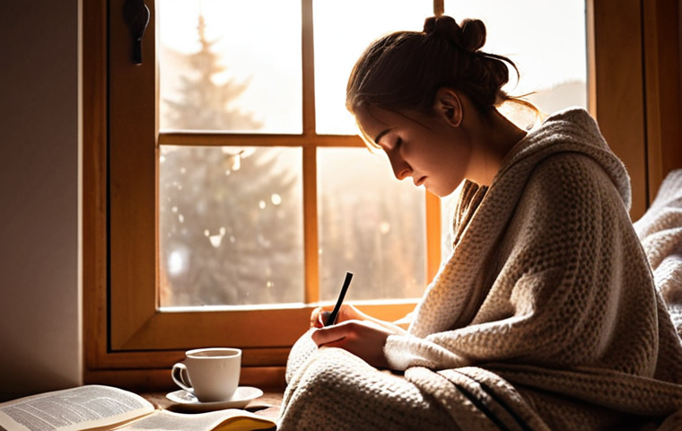 **Understanding Emotions**: Create an image of a person sitting in a peaceful environment, journaling their thoughts and feelings. Surround them with soft, warm light to symbolize vulnerability and self-acceptance. Include elements like a cozy blanket and a steaming cup of tea to enhance the atmosphere of reflection and comfort.