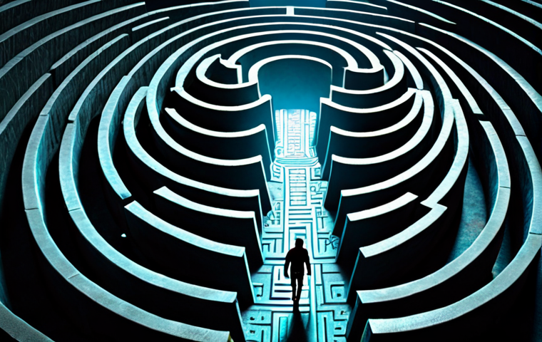 ** A person walking through a maze, some paths are brightly lit, others are dark and confusing. Symbolizes navigating memories and therapy as a compass. Style: slightly surreal, symbolic.

**