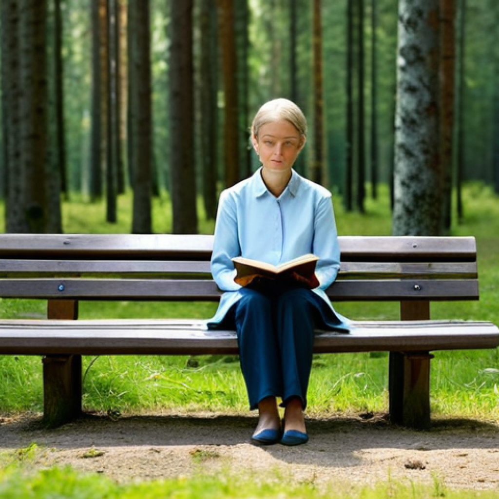 A contemplative person, fully clothed in modest, comfortable professional-casual attire, seated calmly on a simple wooden bench in a serene, sunlit Nordic forest clearing. Their gaze is soft and introspective, perhaps with a journal open on their lap, symbolizing quiet self-reflection and inner peace. The atmosphere is peaceful and natural. Perfect anatomy, correct proportions, natural pose, well-formed hands, proper finger count, natural body proportions. High-quality professional photography, soft natural light, safe for work, appropriate content, fully clothed, modest, family-friendly.