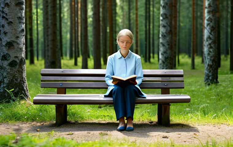 A contemplative person, fully clothed in modest, comfortable professional-casual attire, seated calmly on a simple wooden bench in a serene, sunlit Nordic forest clearing. Their gaze is soft and introspective, perhaps with a journal open on their lap, symbolizing quiet self-reflection and inner peace. The atmosphere is peaceful and natural. Perfect anatomy, correct proportions, natural pose, well-formed hands, proper finger count, natural body proportions. High-quality professional photography, soft natural light, safe for work, appropriate content, fully clothed, modest, family-friendly.