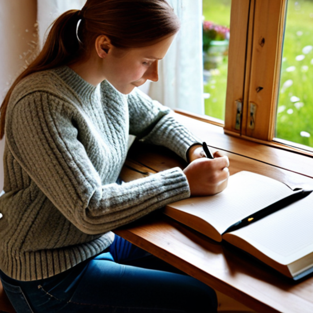 **
"A woman in a cozy, warm sweater and comfortable jeans, sitting at a wooden table in a sunlit Swedish cottage. She is writing in a beautiful leather-bound journal, a steaming cup of coffee beside her. In the background, a glimpse of a blooming garden. The scene evokes a sense of peace, introspection, and self-discovery. Fully clothed, appropriate attire, safe for work, perfect anatomy, natural proportions, family-friendly, professional photography, high quality."
**