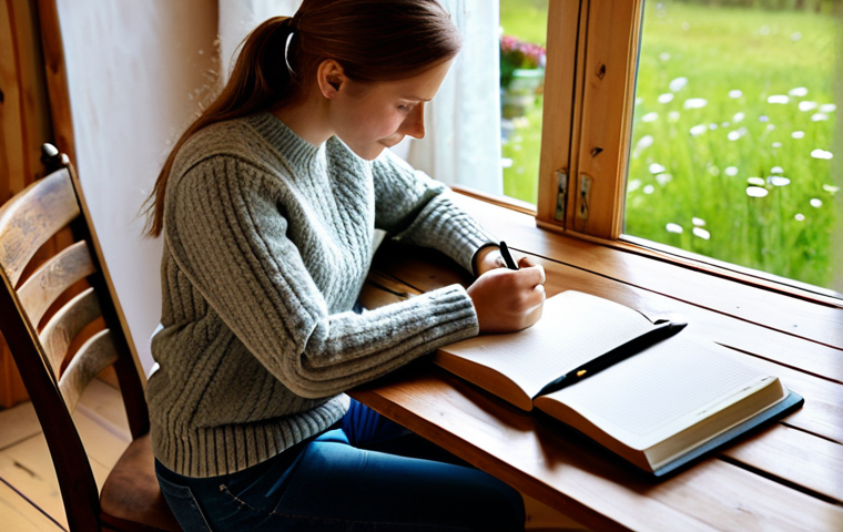 **

"A woman in a cozy, warm sweater and comfortable jeans, sitting at a wooden table in a sunlit Swedish cottage. She is writing in a beautiful leather-bound journal, a steaming cup of coffee beside her. In the background, a glimpse of a blooming garden. The scene evokes a sense of peace, introspection, and self-discovery. Fully clothed, appropriate attire, safe for work, perfect anatomy, natural proportions, family-friendly, professional photography, high quality."

**