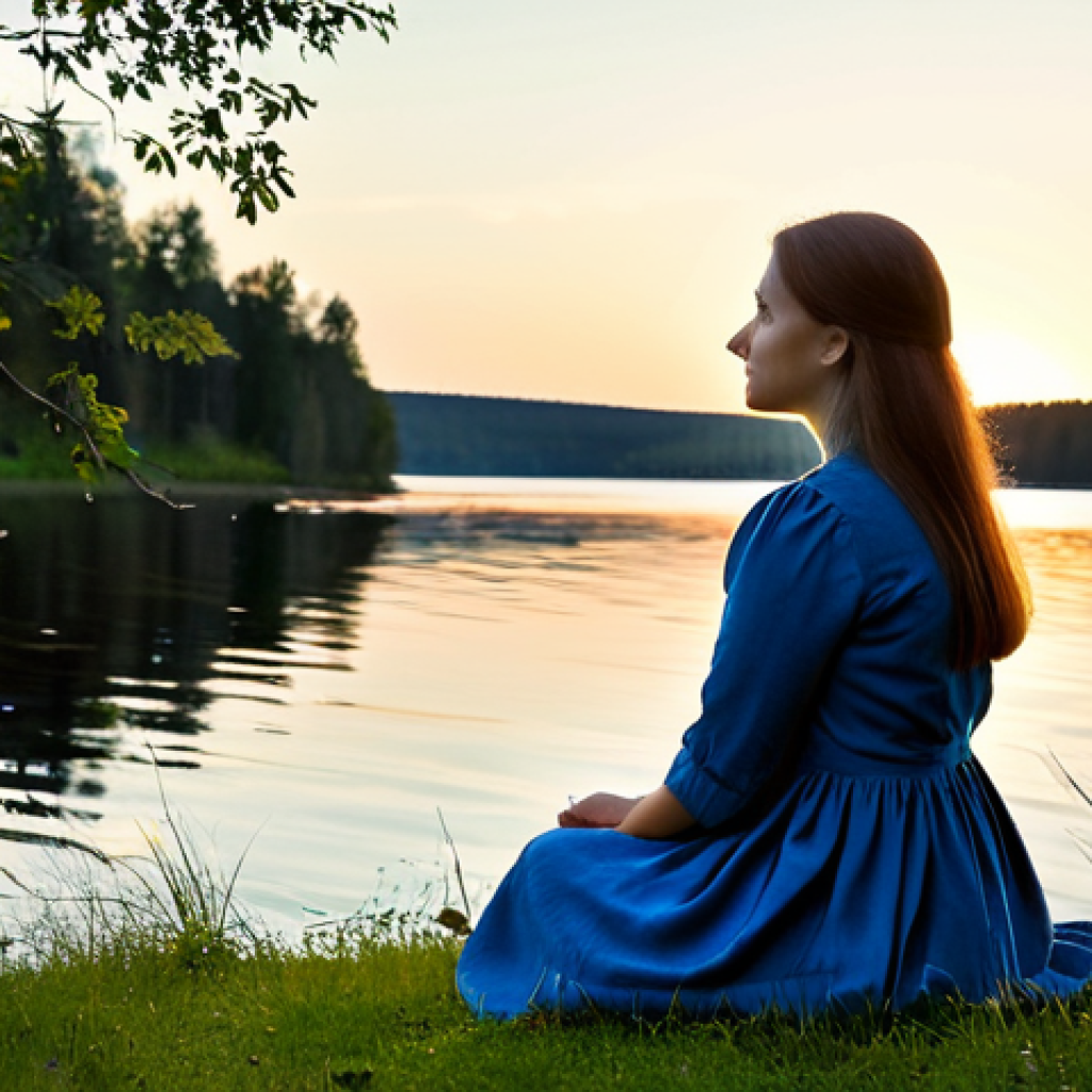 Reflective Woman in Nature**
"A thoughtful woman in a fully clothed, modest dress, sitting by a calm Swedish lake at sunset. She is gazing pensively at the water. Perfect anatomy, correct proportions, well-formed hands, natural pose. The scene is peaceful and serene, with soft, diffused light. Professional photography, high quality, safe for work, appropriate content, professional, family-friendly."
**