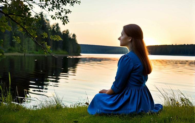 Reflective Woman in Nature**

"A thoughtful woman in a fully clothed, modest dress, sitting by a calm Swedish lake at sunset. She is gazing pensively at the water. Perfect anatomy, correct proportions, well-formed hands, natural pose. The scene is peaceful and serene, with soft, diffused light. Professional photography, high quality, safe for work, appropriate content, professional, family-friendly."

**
