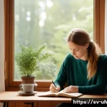자아 인식  과거와의 대화 시작하기 - A serene Scandinavian woman sitting comfortably by a large window in a cozy, minimalist room, journa...
