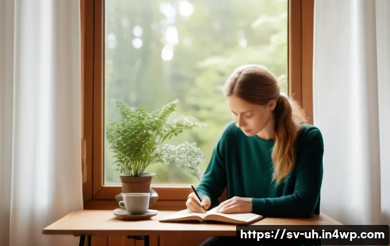 자아 인식 과거와의 대화 시작하기 - A serene Scandinavian woman sitting comfortably by a large window in a cozy, minimalist room, journa...