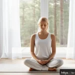 과거 자아 화해를 위한 명상 기법 - A serene Scandinavian meditation scene set in a bright, sunlit room with large windows overlooking a...