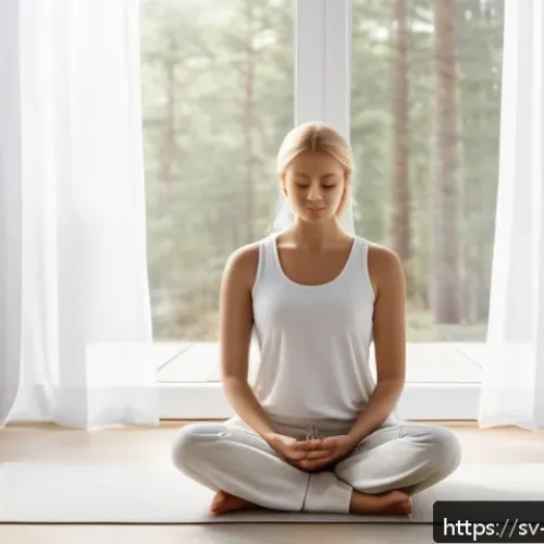 과거 자아 화해를 위한 명상 기법 - A serene Scandinavian meditation scene set in a bright, sunlit room with large windows overlooking a...