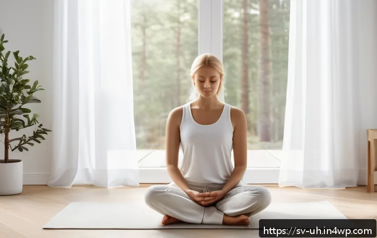과거 자아 화해를 위한 명상 기법 - A serene Scandinavian meditation scene set in a bright, sunlit room with large windows overlooking a...
