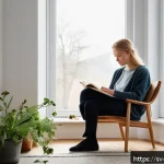 과거 자아와의 대화를 통한 자아 통합 - A serene and cozy Scandinavian-style interior scene featuring a person sitting comfortably in a mini...