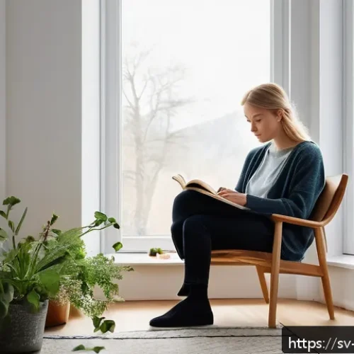 과거 자아와의 대화를 통한 자아 통합 - A serene and cozy Scandinavian-style interior scene featuring a person sitting comfortably in a mini...