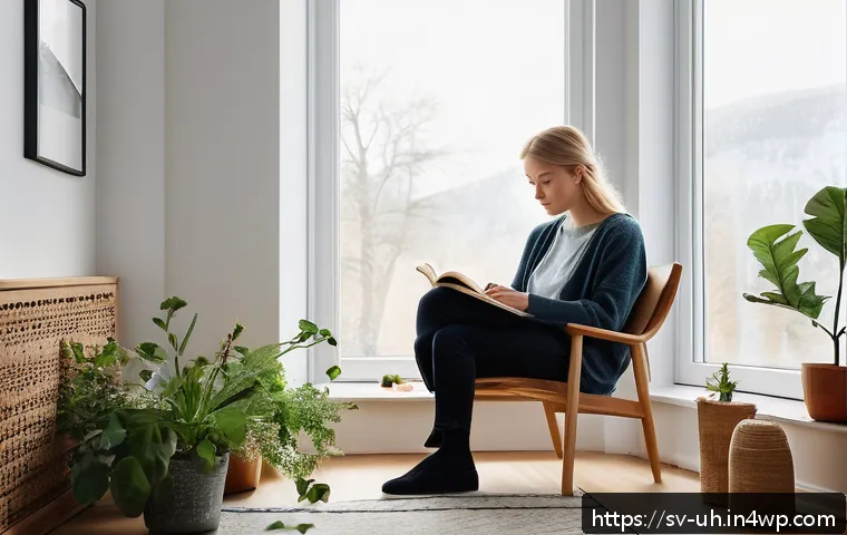 과거 자아와의 대화를 통한 자아 통합 - A serene and cozy Scandinavian-style interior scene featuring a person sitting comfortably in a mini...