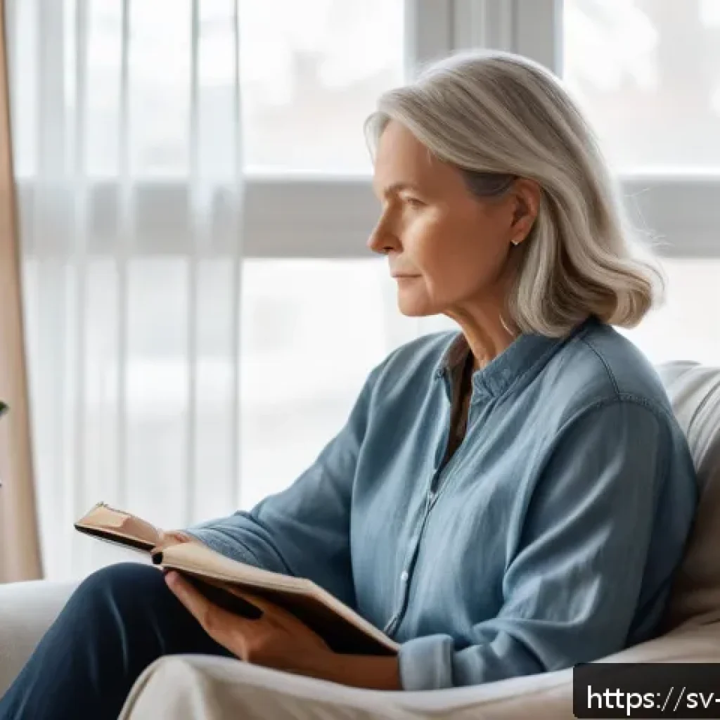 자아 화해와 스트레스 관리의 연결성 - A serene and cozy indoor scene featuring a middle-aged Swedish woman sitting comfortably on a soft a...