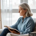 자아 화해와 스트레스 관리의 연결성 - A serene and cozy indoor scene featuring a middle-aged Swedish woman sitting comfortably on a soft a...