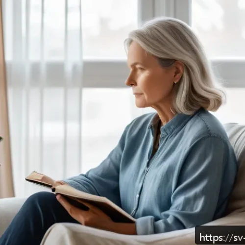 자아 화해와 스트레스 관리의 연결성 - A serene and cozy indoor scene featuring a middle-aged Swedish woman sitting comfortably on a soft a...