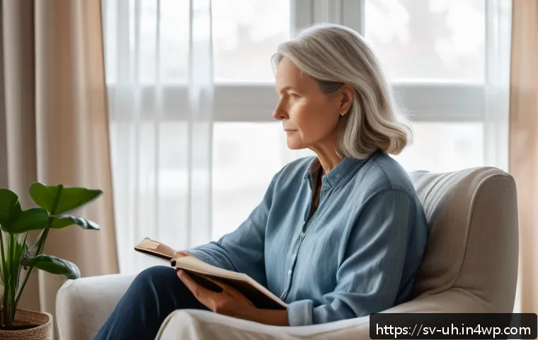 자아 화해와 스트레스 관리의 연결성 - A serene and cozy indoor scene featuring a middle-aged Swedish woman sitting comfortably on a soft a...