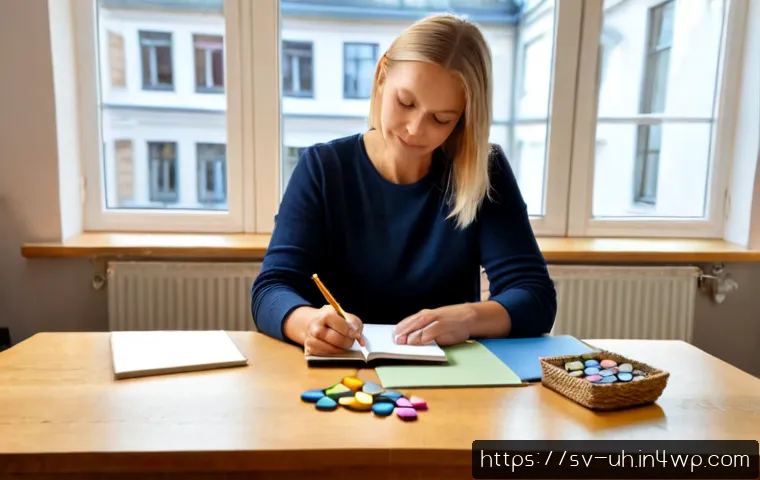 Home 17 자아 화해를 위한 심리적 도구 소개 - Photorealistic Scandinavian apartment scene in Stockholm, a thoughtful middle-aged woman seated at a...